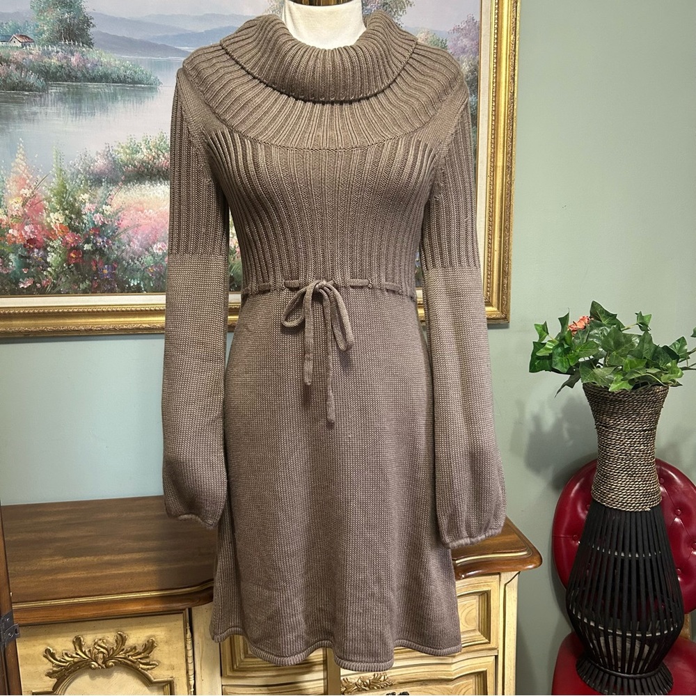 Calvin Klein Beige Coco Brown Cowl Neck Front Tie Sweater Dress